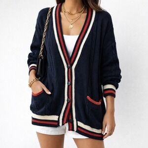 Vintage BEST American Navy Red White‎ Stripe Cable Knit Cardigan Sweater M Prep